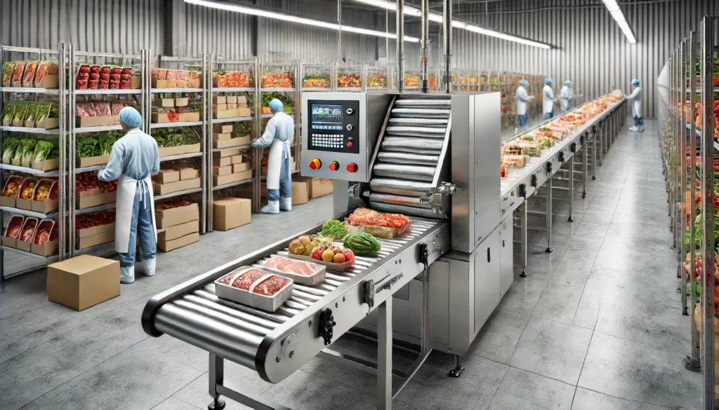 DALL·E 2024-06-14 14.07.50 – A modern meat and fruit_vegetable packaging machine in a clean, industrial setting. The machine is sleek and metallic, with conveyor belts moving diff