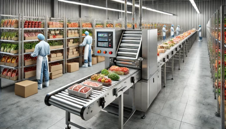 DALL·E 2024-06-14 14.07.50 – A modern meat and fruit_vegetable packaging machine in a clean, industrial setting. The machine is sleek and metallic, with conveyor belts moving diff