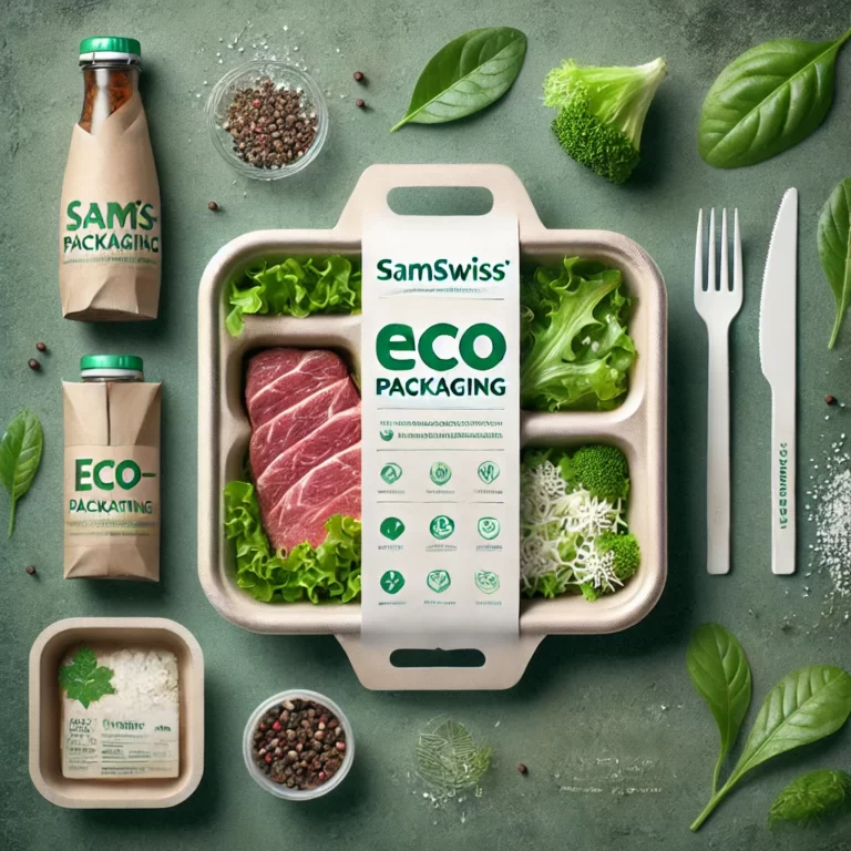 DALL·E 2024-10-22 10.59.59 – Eco-friendly packaging solutions for restaurants by Samswiss, featuring sustainable packaging for meat and fresh produce. The packaging should be made