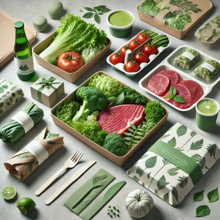DALL·E 2024-10-22 11.00.04 – Eco-friendly packaging solutions for restaurants by Samswiss, featuring sustainable packaging for meat and fresh produce. The packaging should be made