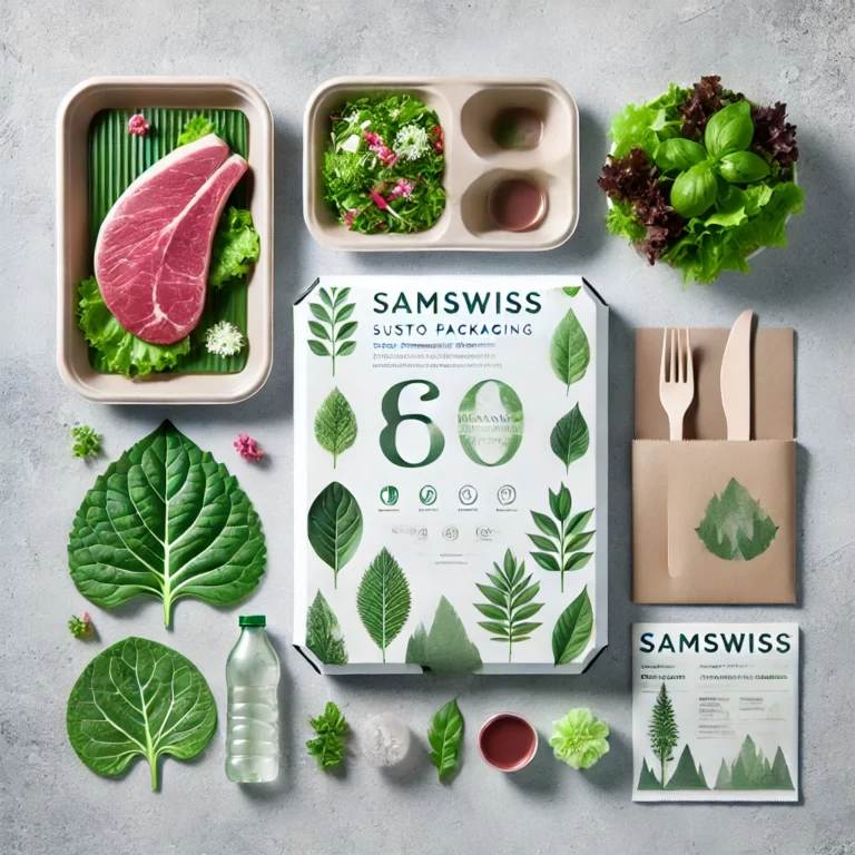 DALL·E 2024-10-22 11.49.14 – Sustainable eco-friendly packaging solutions for restaurants by Samswiss, focusing on packaging for meat and fresh produce. The packaging should be ma