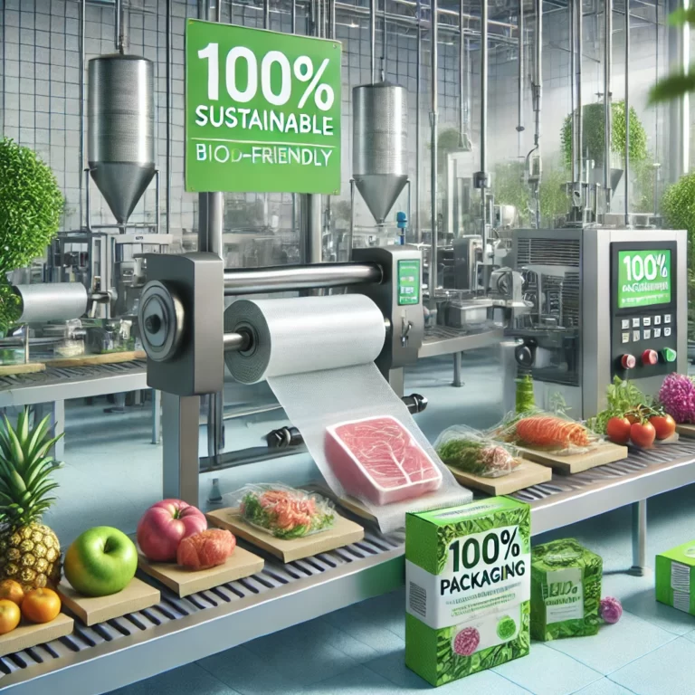 DALL·E 2025-01-28 10.05.09 – A visually engaging scene featuring advanced food packaging machines in a modern, clean factory setting. The machines are wrapping fresh meat, fish, a