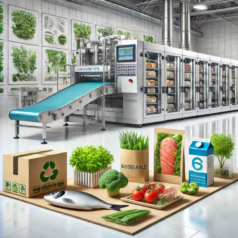 DALL·E 2025-02-03 17.21.26 – A high-quality digital image of eco-friendly packaging solutions by Samswiss. The image showcases biodegradable and recyclable packaging for meat, fis