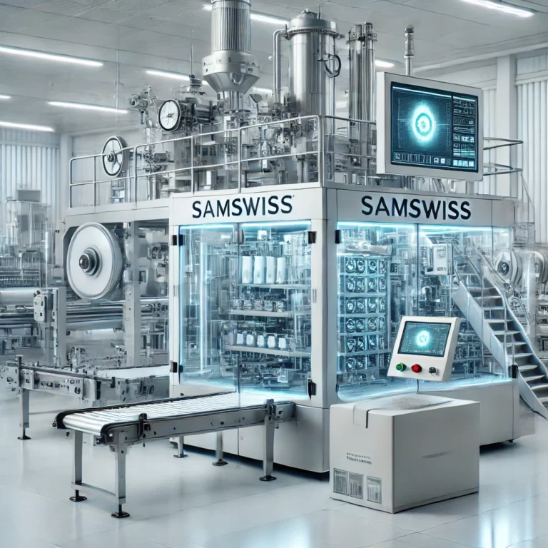DALL·E 2025-02-03 17.23.50 – A high-quality digital image showcasing an advanced eco-friendly packaging machine by Samswiss. The image features a modern, automated packaging syste