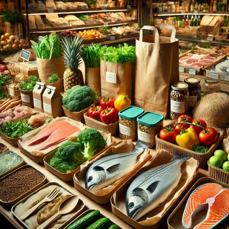 DALL·E 2025-03-04 11.33.24 – A visually appealing display of sustainable food packaging. The image showcases eco-friendly containers for fresh produce, fish, and meat. It includes