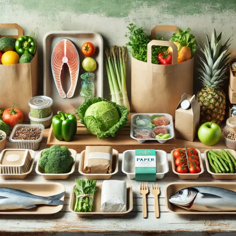 DALL·E 2025-03-04 11.46.23 – An eco-conscious food packaging concept featuring fresh produce, fish, and meat packed in sustainable materials. The image includes biodegradable tray