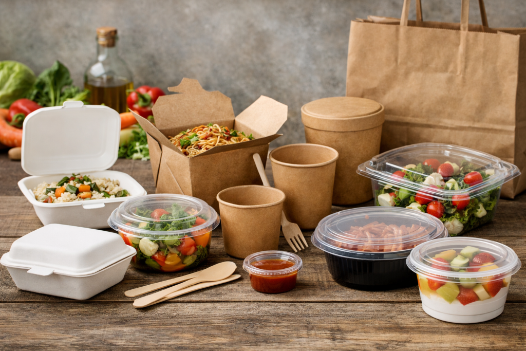 Assortimento di packaging take away in bagasse, carta kraft, PP e PET con pasti pronti, insalate e food to go per gastronomia e ristorazione.