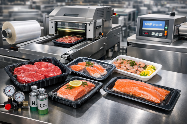 Esempio di linea industriale per il packaging di carne e pesce con sistemi sottovuoto e atmosfera modificata (MAP), progettata per garantire conservazione ottimale, sicurezza alimentare e maggiore shelf life.