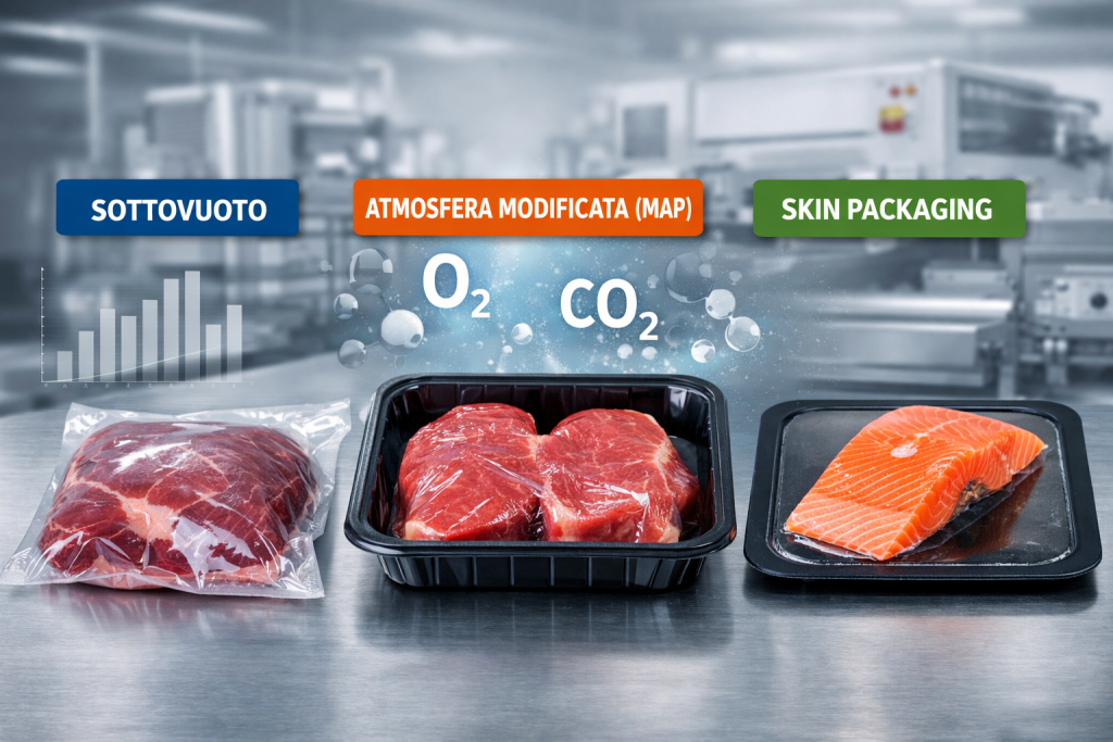 Esempio comparativo di confezionamento sottovuoto, atmosfera modificata (MAP) e skin packaging: tre soluzioni industriali per ottimizzare conservazione, presentazione e shelf life nel settore alimentare.