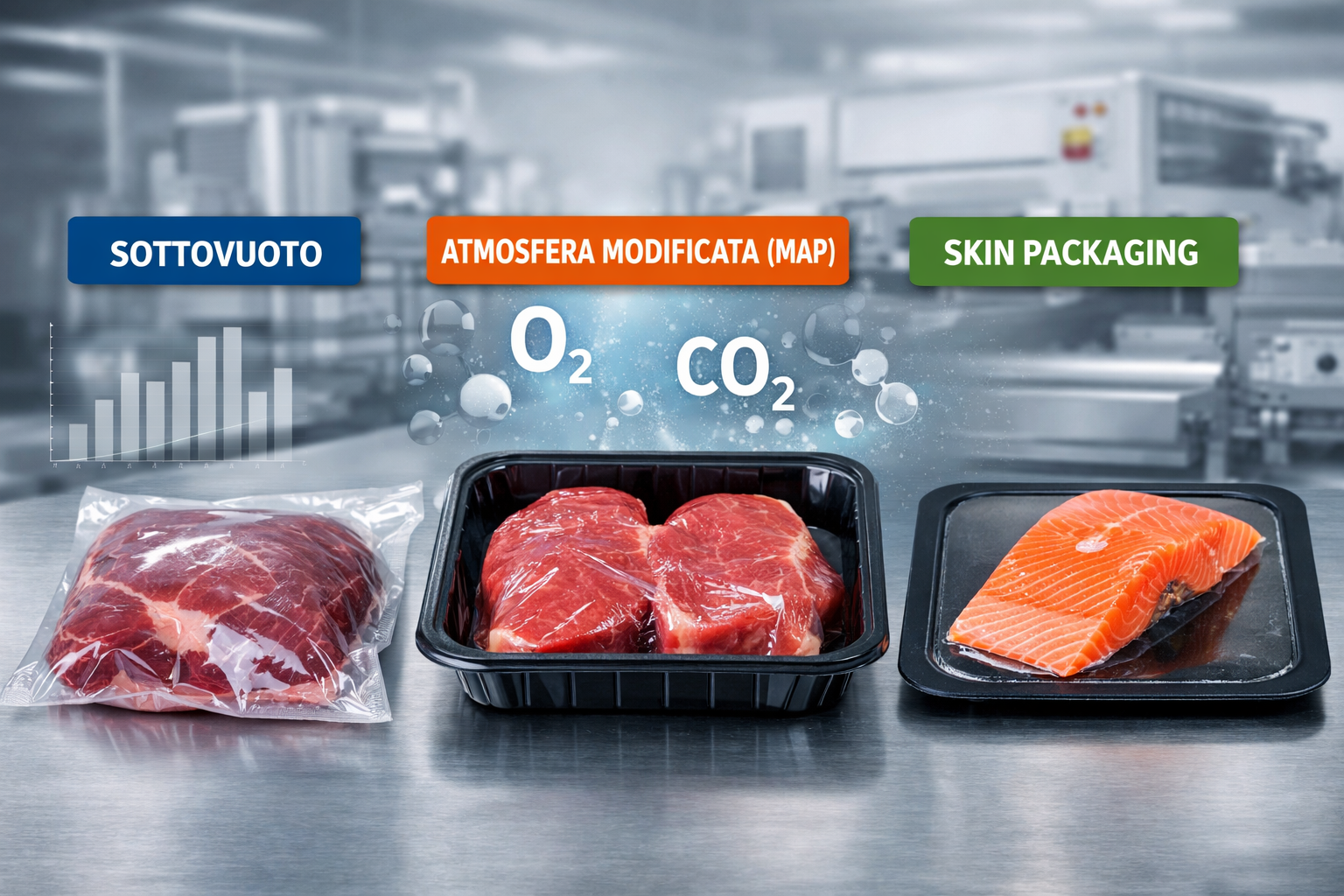 Esempio comparativo di confezionamento sottovuoto, atmosfera modificata (MAP) e skin packaging: tre soluzioni industriali per ottimizzare conservazione, presentazione e shelf life nel settore alimentare.