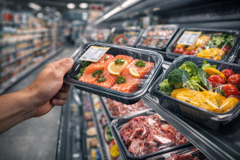 Cliente che sceglie prodotto confezionato in vaschetta con film trasparente in supermercato